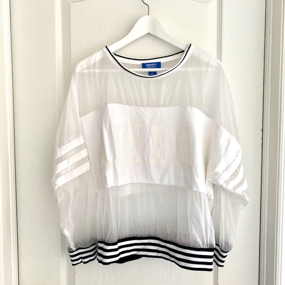 adidas Tops - Adidas Translucent Street-style Sweatshirt Long Sleeve 3 stripe three white
